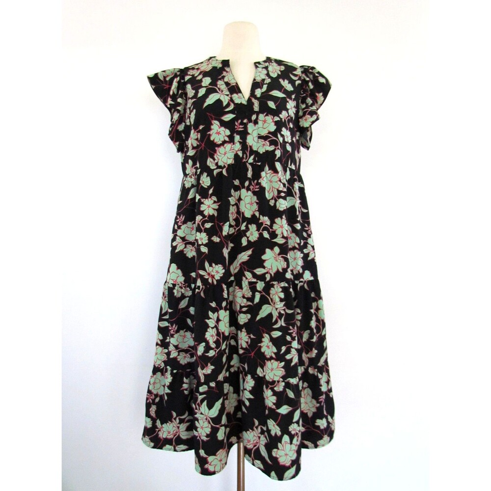 THML Midi Dress Black Mint Floral Tiered Flutter Sleeve Pink Pockets M